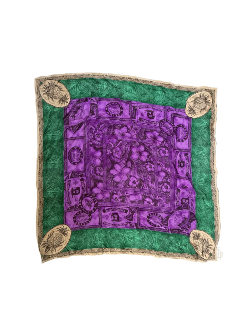 Vintage Dana Buchman 100% Silk Scarf - Matchbox Print - Purple/Green